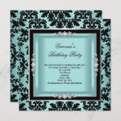 ブルーエレガントシルバーダマスクブラック誕生日パーティー 招待状 (正面/裏面)