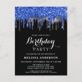 ブルーエレガントシルバーブラックグリッタードリップ誕生日 インビテーションポストカード (正面)