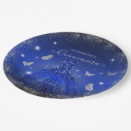 ブルーエレガントシルバ王室のーグリッターガウンキンセアニラ ペーパープレート (アングル)