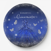 ブルーエレガントシルバ王室のーグリッターガウンキンセアニラ ペーパープレート (正面)