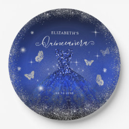 ブルーエレガントシルバ王室のーグリッターガウンキンセアニラ ペーパープレート