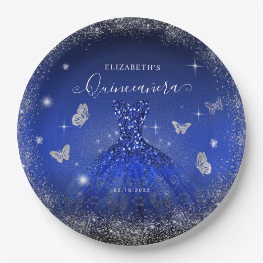ブルーエレガントシルバ王室のーグリッターガウンキンセアニラ ペーパープレート (正面)