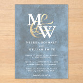 ブルーエレガントシーガラスモノグラム結婚金ゴールド アクリル招待状 (正面)