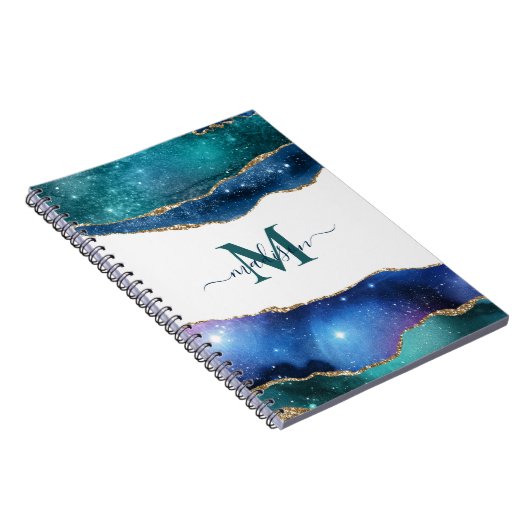 ブルーエレガントジオードアゲートモノグラムの金ゴールドグリッター ノートブック (右側)