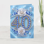 ブルーエレガントジュエリーと真珠40歳の誕生日 カード (正面)