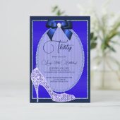 ブルーエレガントジュエルボウ&スティレット誕生日 招待状 (スタンド正面)