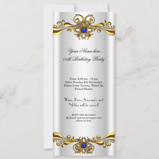 ブルーエレガントジュエル金ゴールド誕生日パーティー2 招待状 (裏面)