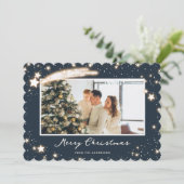 ブルーエレガントスターズスノー写真メリークリスマスカード シーズンカード (スタンド正面)