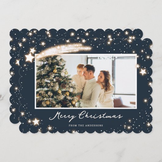 ブルーエレガントスターズスノー写真メリークリスマスカード シーズンカード (正面/裏面)