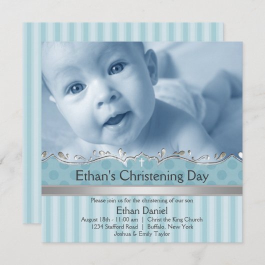 ブルーエレガントストライプボーイズ写真《キリスト教》洗礼式や命名式 招待状 (正面/裏面)