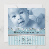 ブルーエレガントストライプボーイズ写真《キリスト教》洗礼式や命名式 招待状 (正面)