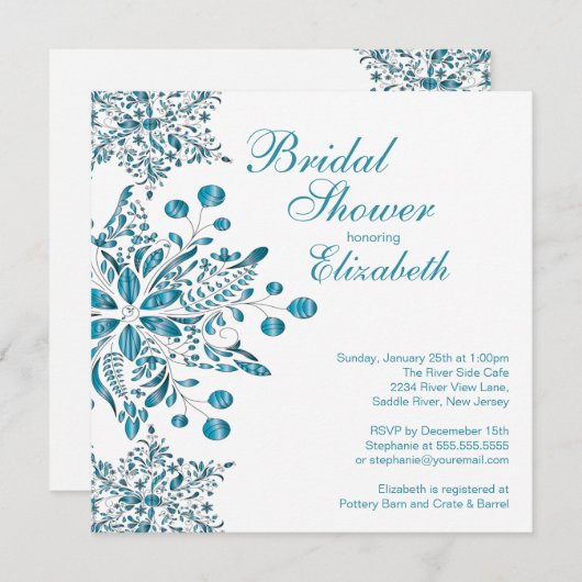 ブルーエレガントスノーフレークスウィンターブライダルシャワー 招待状 (正面/裏面)