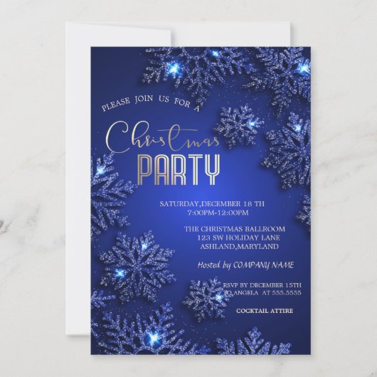 ブルーエレガントスノーフレークスクリスマスカンパニー 招待状 (正面)
