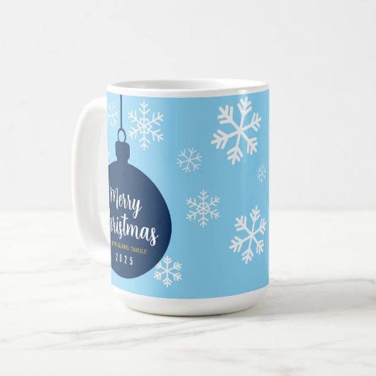 ブルーエレガントスノーフレークメリークリスマスホリデー コーヒーマグカップ (正面左)