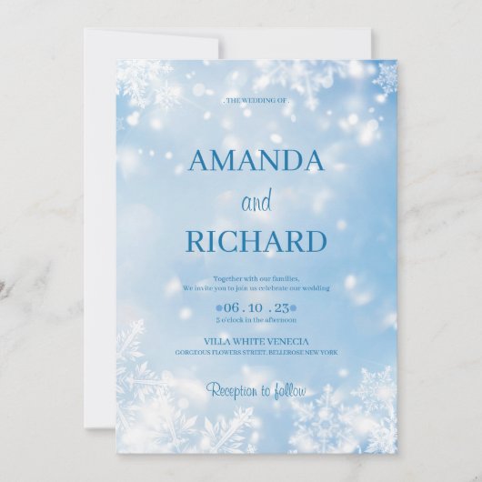 ブルーエレガントスノーフレーク結婚式招待状 招待状 (正面)