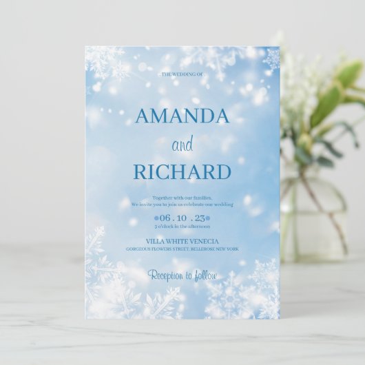 ブルーエレガントスノーフレーク結婚式招待状 招待状 (スタンド正面)