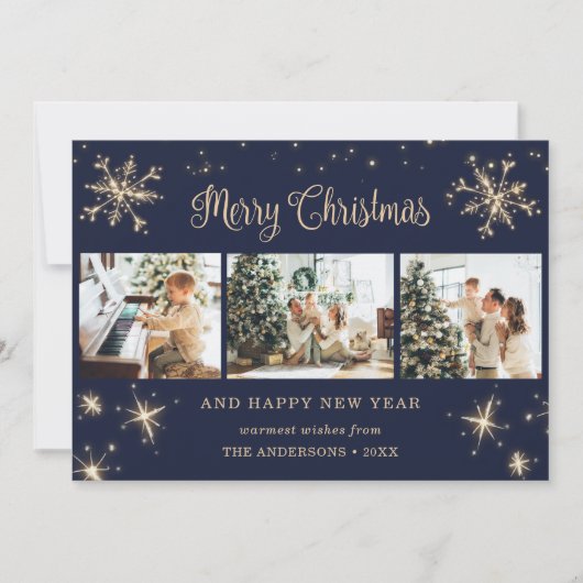 ブルーエレガントスパークリー雪のフレーク写真クリスマス シーズンカード (正面)
