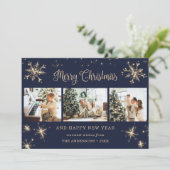 ブルーエレガントスパークリー雪のフレーク写真クリスマス シーズンカード (スタンド正面)