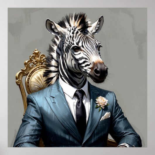 ブルーエレガントスーツポートレートのゼブラ絵を描 ポスター (正面)