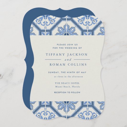 ブルーエレガントタスペインのイル結婚式招待状 招待状 (正面/裏面)