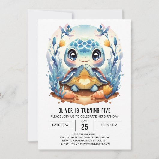 ブルーエレガントタモダンートルボーイ誕生日 招待状 (正面)