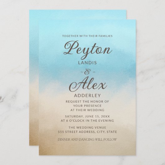 ブルーエレガントタンウォーター色ビーチ海インスパイア 招待状 (正面/裏面)