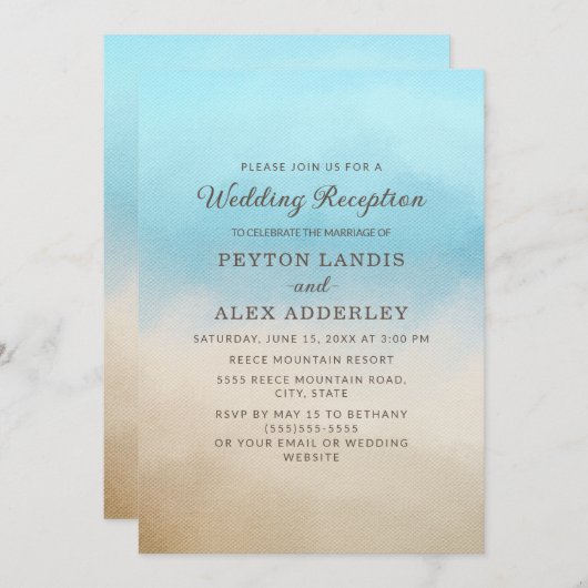 ブルーエレガントタンビーチ海ウェディングレセプション 招待状 (正面/裏面)