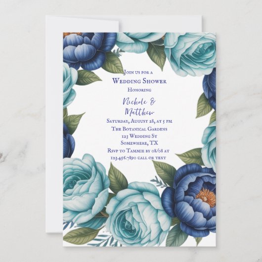 ブルーエレガントターコイズフローラウェディングシャワー 招待状 (正面)
