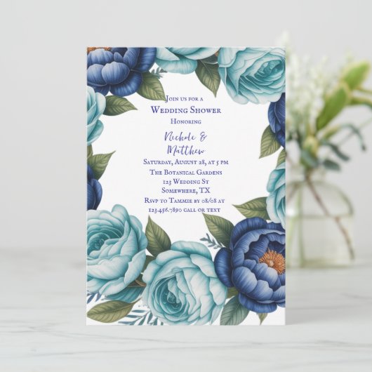 ブルーエレガントターコイズフローラウェディングシャワー 招待状 (スタンド正面)