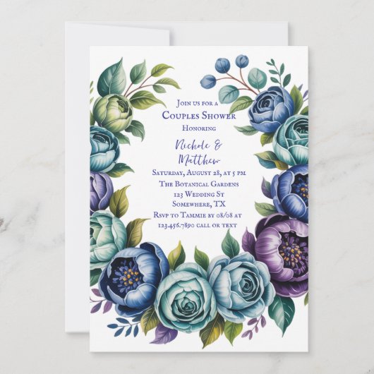 ブルーエレガントターコイズフローラカップルシャワー 招待状 (正面)