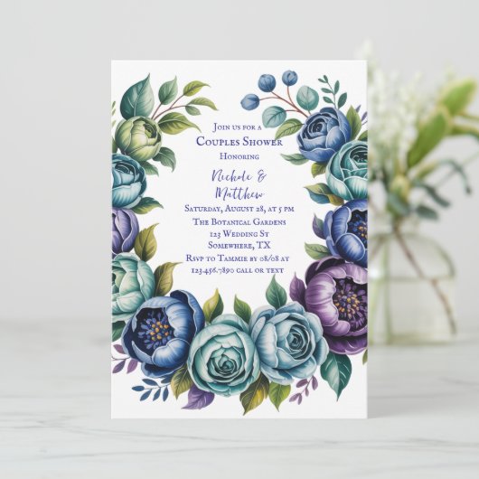 ブルーエレガントターコイズフローラカップルシャワー 招待状 (スタンド正面)