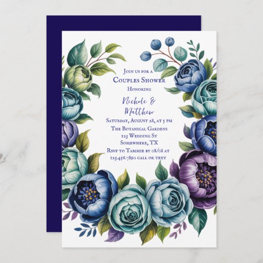 ブルーエレガントターコイズフローラカップルシャワー 招待状 (正面/裏面)