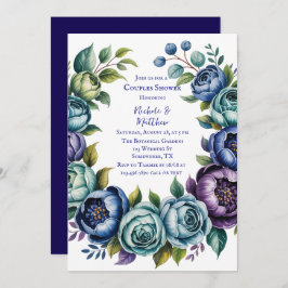 ブルーエレガントターコイズフローラカップルシャワー 招待状