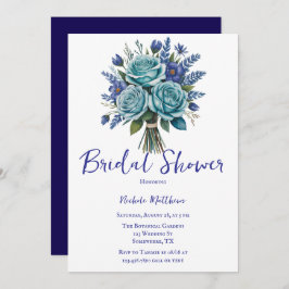 ブルーエレガントターコイズフローラブライダルシャワー 招待状