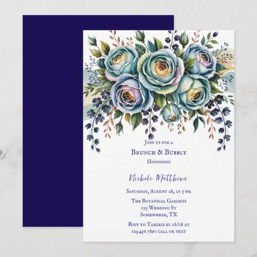 ブルーエレガントターコイズフローラブランチ&バブリー 招待状 (正面/裏面)