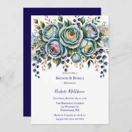 ブルーエレガントターコイズフローラブランチ&バブリー 招待状