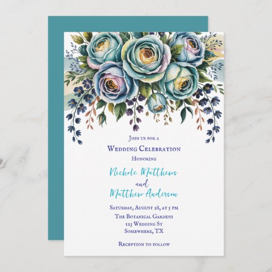 ブルーエレガントターコイズフローラ結婚お祝い 招待状 (正面/裏面)