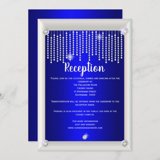 ブルーエレガントダイヤモンドと真珠のウェディングレセプション 招待状 (正面/裏面)