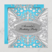 ブルーエレガントダイヤモンドジュエルバースデーパーティー招待状 招待状 (正面/裏面)