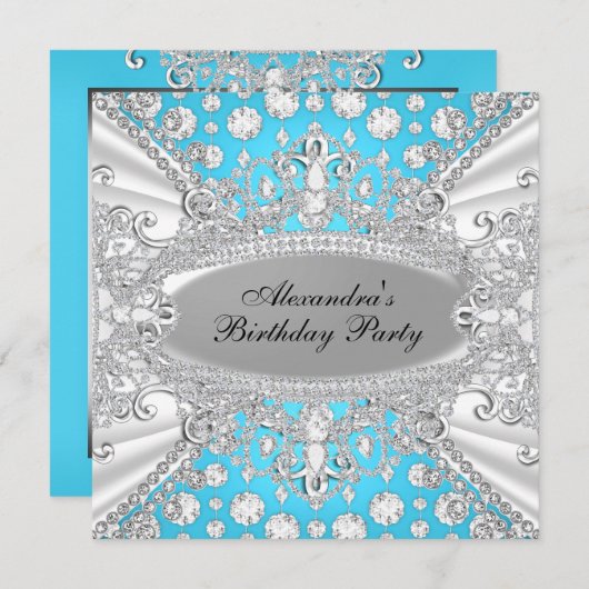 ブルーエレガントダイヤモンドジュエルバースデーパーティー招待状 招待状 (正面/裏面)