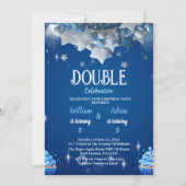 ブルーエレガントダブルお祝い誕生日 招待状 (正面)