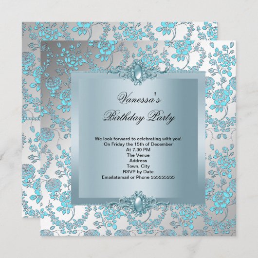 ブルーエレガントダマスクフローラ誕生日パーティー 招待状 (正面/裏面)
