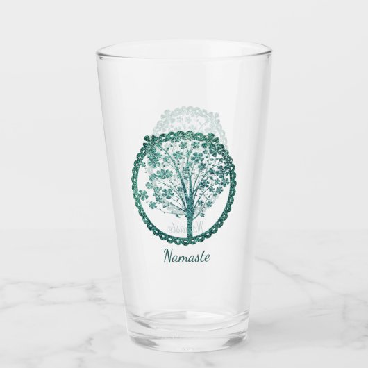 ブルーエレガントツリーオブライフナマステ禅ヨガ タンブラーグラス (正面)