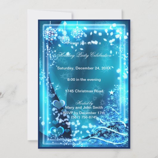 ブルーエレガントツリーハートクリスマスパーティー招待状 招待状 (正面)