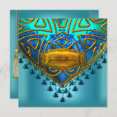 ブルーエレガントティール(緑がかった色)アクア金ゴールドすべての行事 招待状 (正面/裏面)