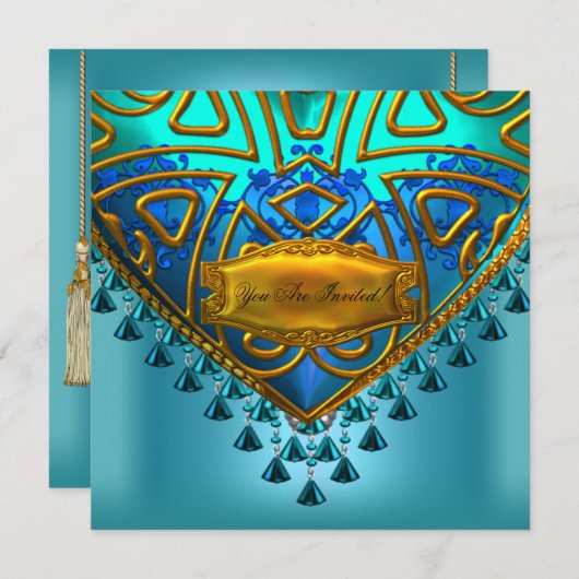 ブルーエレガントティール(緑がかった色)アクア金ゴールドすべての行事 招待状 (正面/裏面)