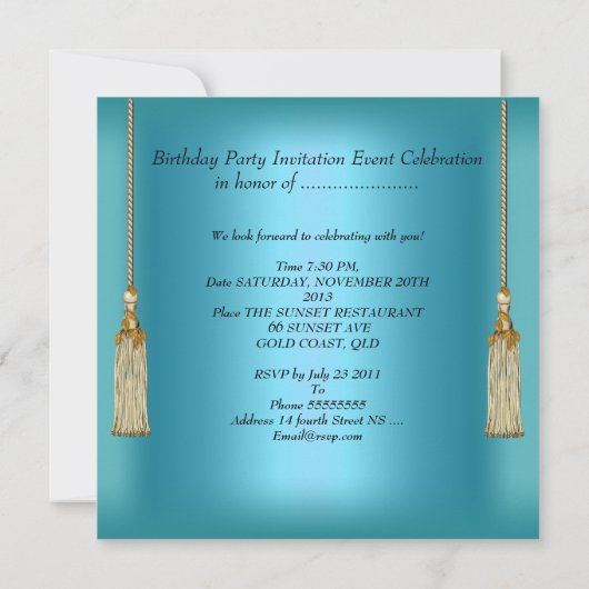 ブルーエレガントティール（緑がかった色）アクア金ゴールドすべての行事 招待状 (裏面)