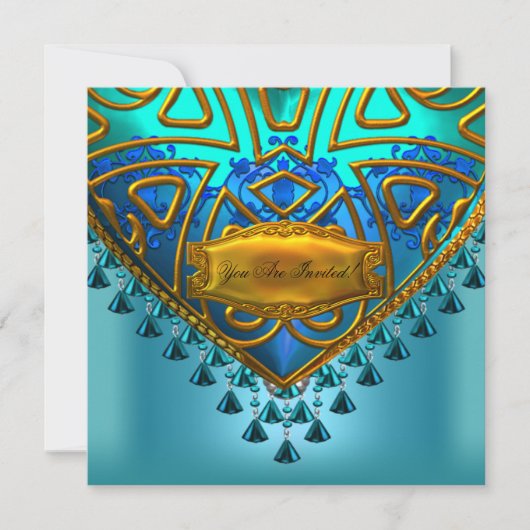 ブルーエレガントティール(緑がかった色)アクア金ゴールドすべての行事 招待状 (正面)