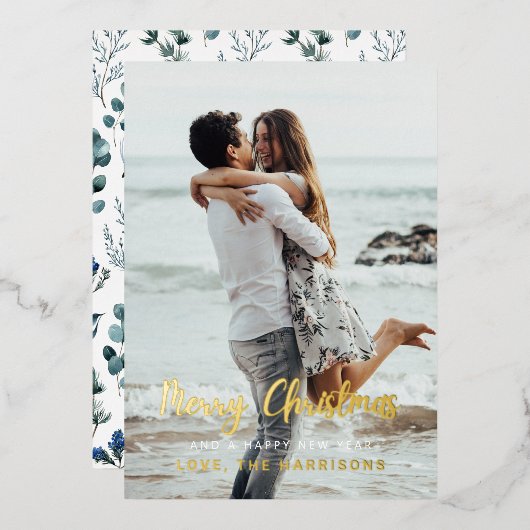 ブルーエレガントティール（緑がかった色）クリスマスフローラルパターン写真 箔シーズンカード (正面/裏面)