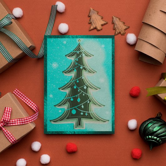 ブルーエレガントティール（緑がかった色）グリッターペーパーカットクリスマスツリー シーズンカード
